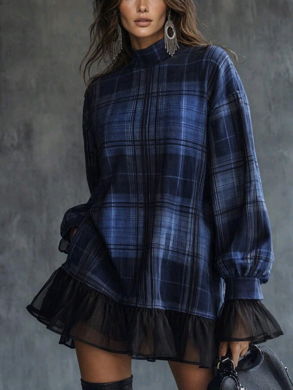 Women's Casual Mini Dress Plaid Dress Vintage Romantic - Picture 7 of 8